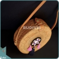 Natural Solid Round Rattan Bag With Black And Pink Dreamcatcher