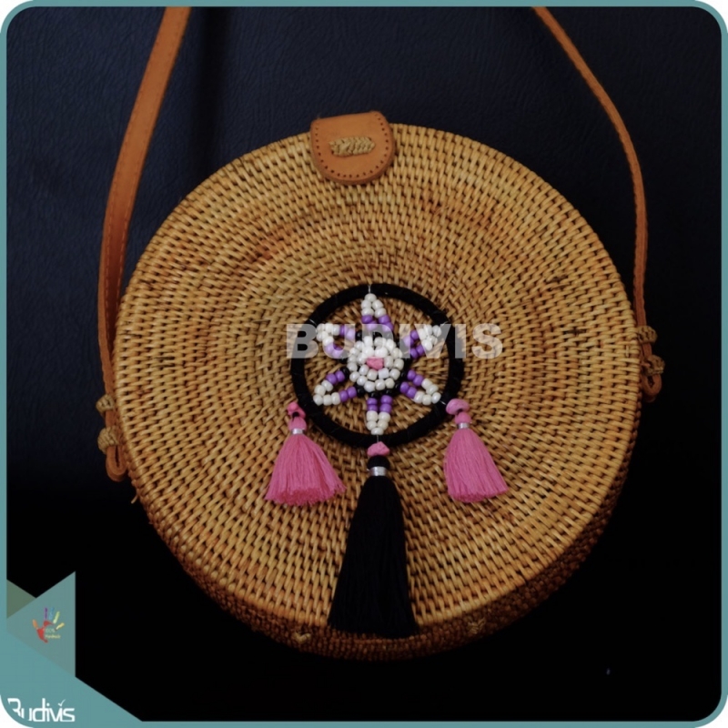 Natural Solid Round Rattan Bag With Black And Pink Dream Catcher