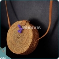 Natural Solid Round Rattan Bag With Purple Hanging Ornaments