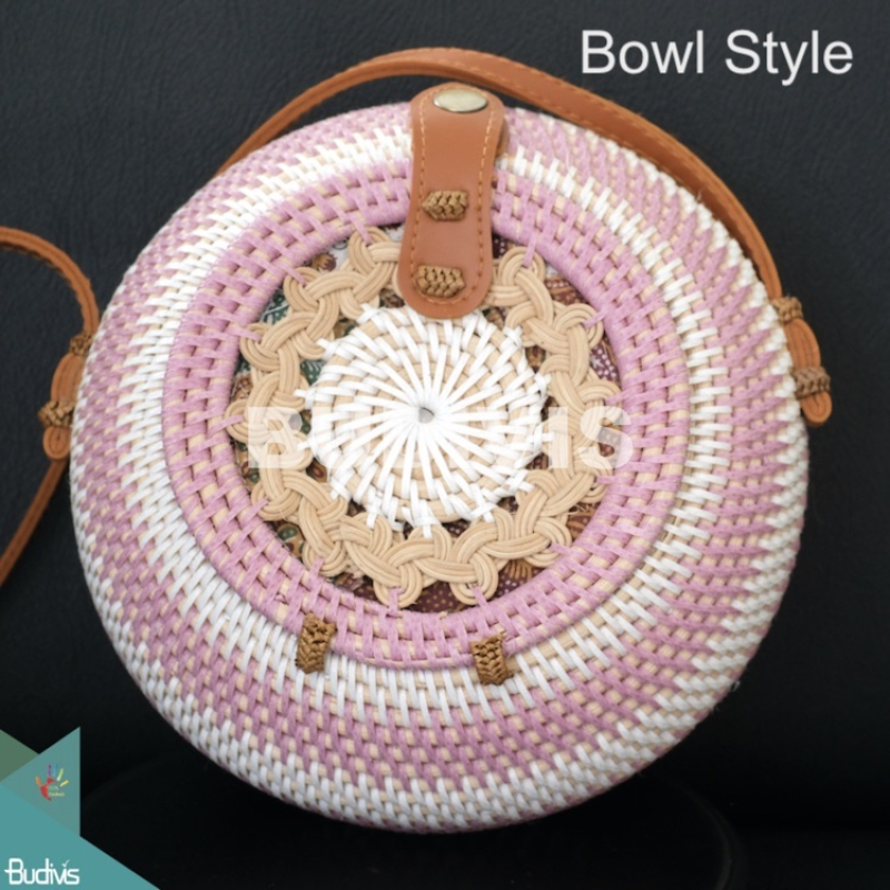 White With Pink Stripes Bowl-Shaped Rattan Bag