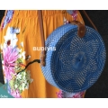 Hand Woven Blue Rattan Bag With Flower Pattern