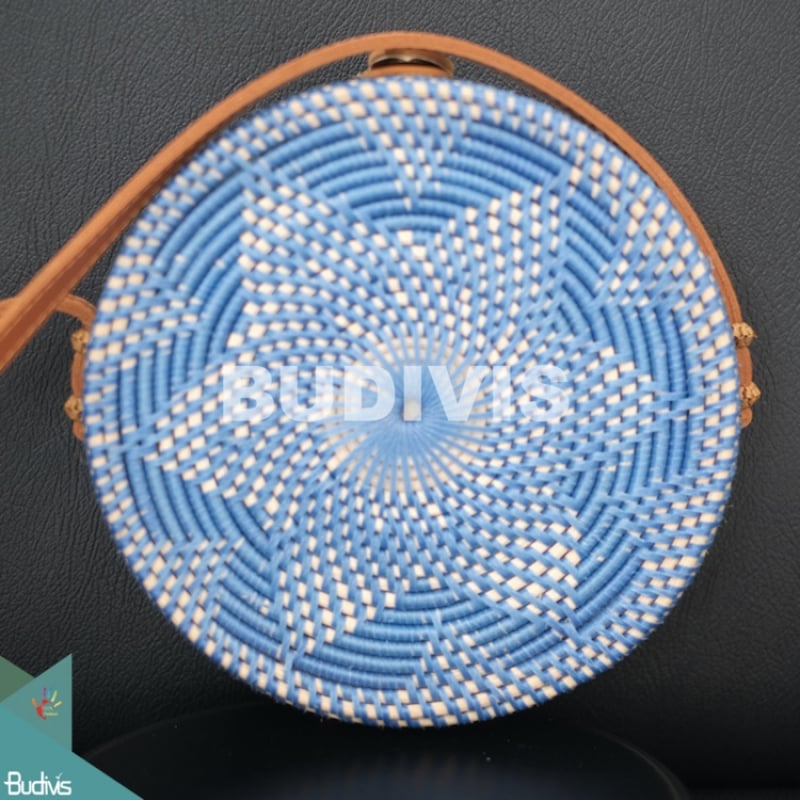 Hand-Woven Blue Rattan Floral Bag