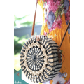 Black Striped Natural Round Rattan Bag With Handwoven Top