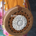 Natural Round Rattan Bag With Shell Ornament And Hand Woven