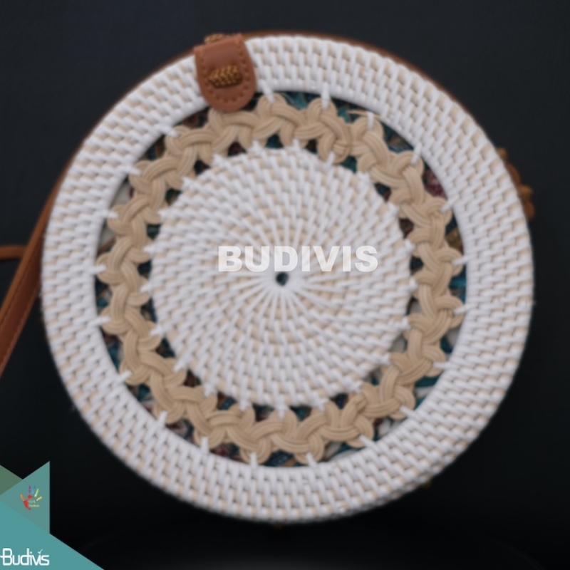 White Rattan Bag With Cream Handwoven Pattern On Top