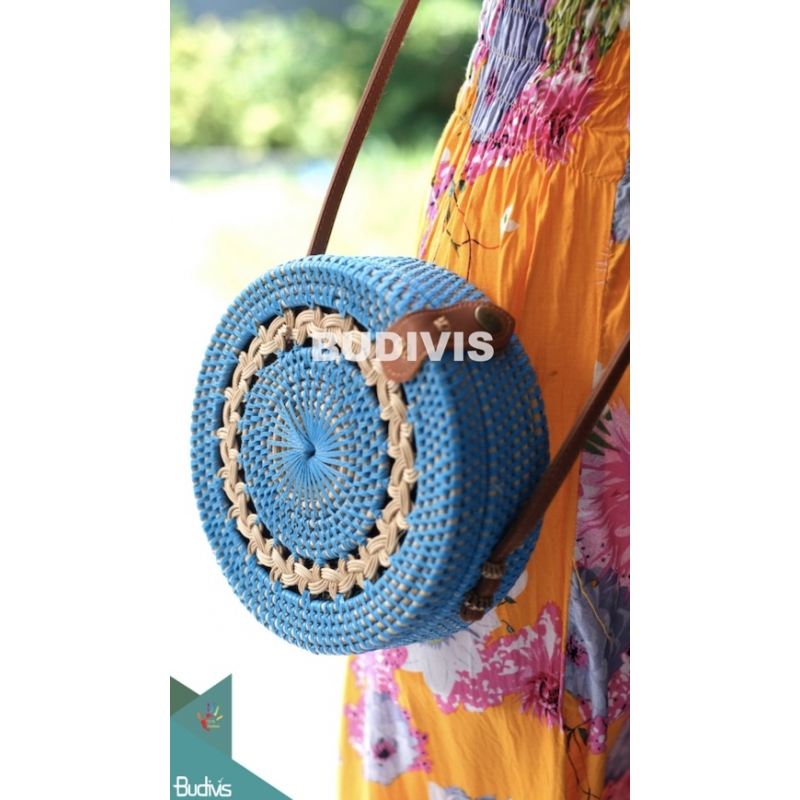 Blue Rattan Bag, Cream Handwoven