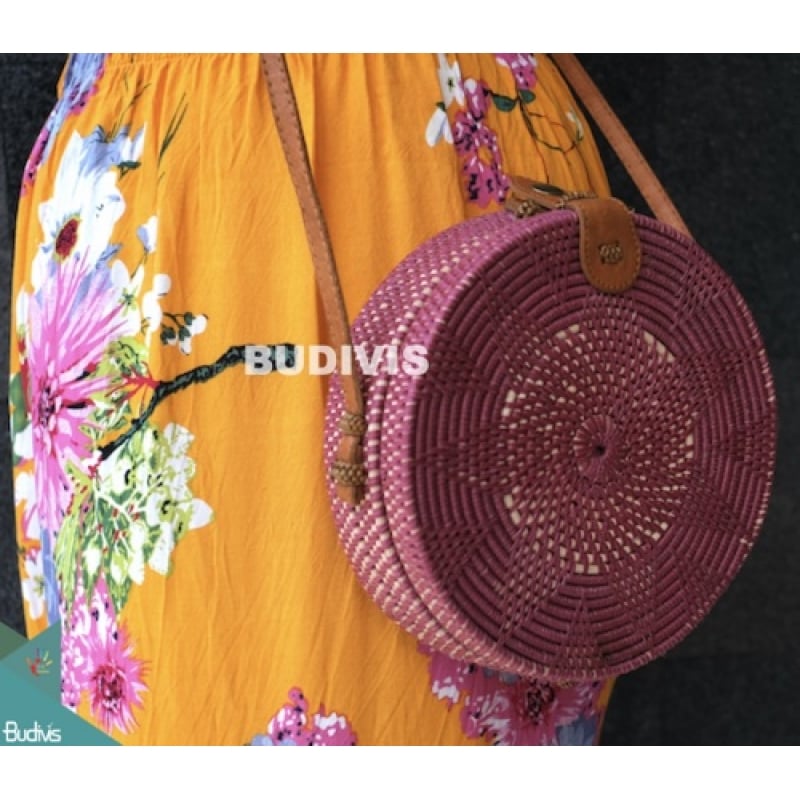 Purple Rattan Bag With White Flower Pattern