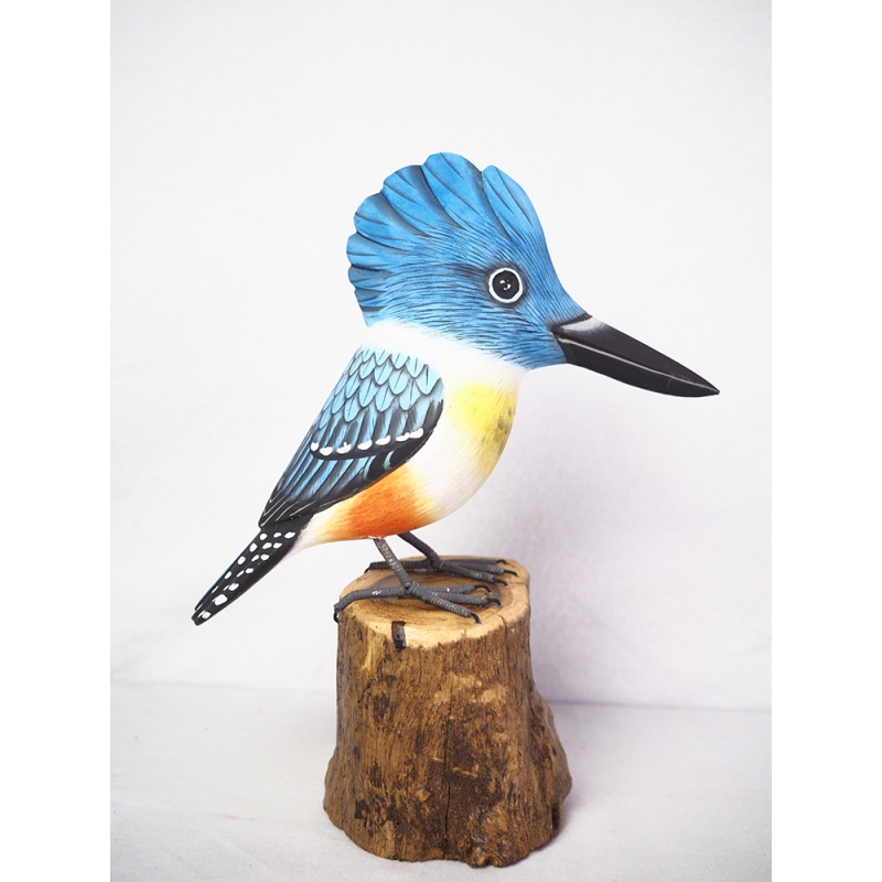 Figurine Wooden Bird, Wood Bird Carving Belted Kingfisher