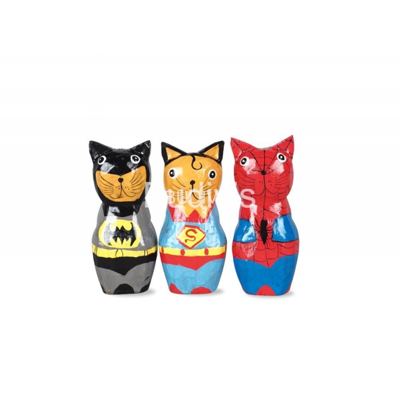 Wholesale Wooden Animal Figurine Super Hero Cat Model Set 3